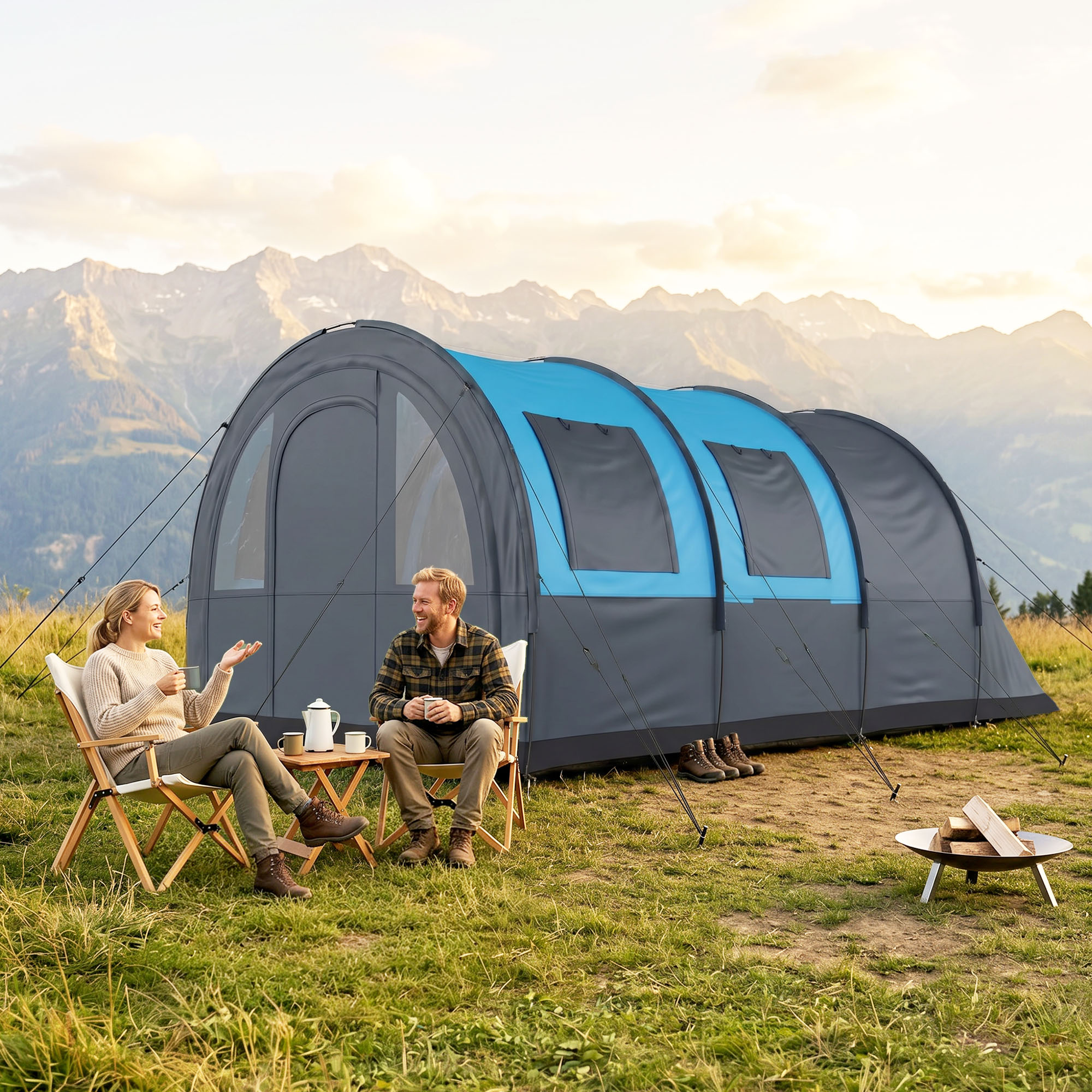 outsunny-tenda-da-campeggio-627edq-1.jpg Outsunny Tenda da Campeggio 6 Posti Impermeabile Grigio e Blu | Aosom Italy - immagine 1