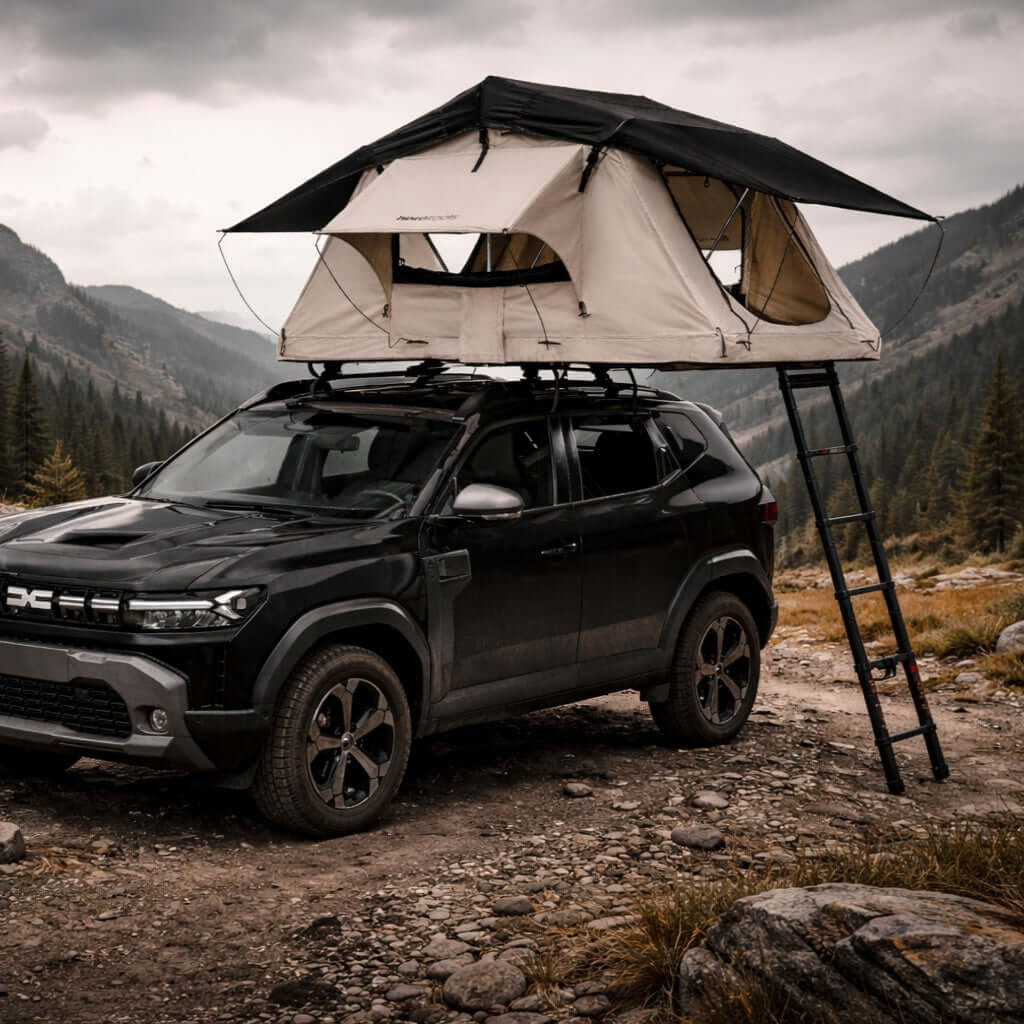tenda-da-campeggio-per-auto-435baq-1.jpg Tenda da tetto Track per 2 persone 130 cm Con tenda da sole - immagine 1