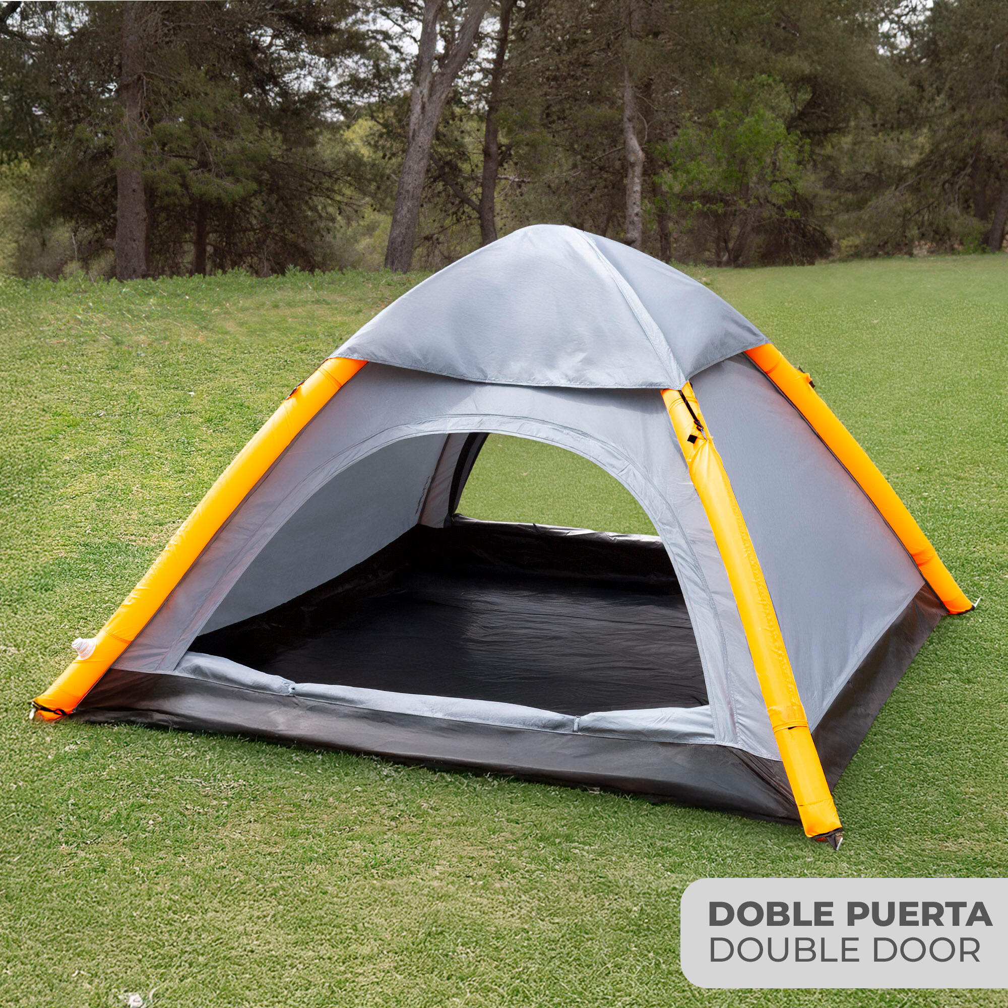 tenda-gonfiabile-2-posti-242oau-1.jpg Tenda gonfiabile UV50 per 2 persone, 210x210x135 cm, con pali, colore grigio. - immagine 1