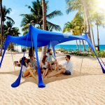 Tenda da spiaggia 10 x 10 piedi, tenda da sole da campeggio UPF50+ con 8 sacchi di sabbia, pale per sabbia, picchetti e pali di stabilità, blu