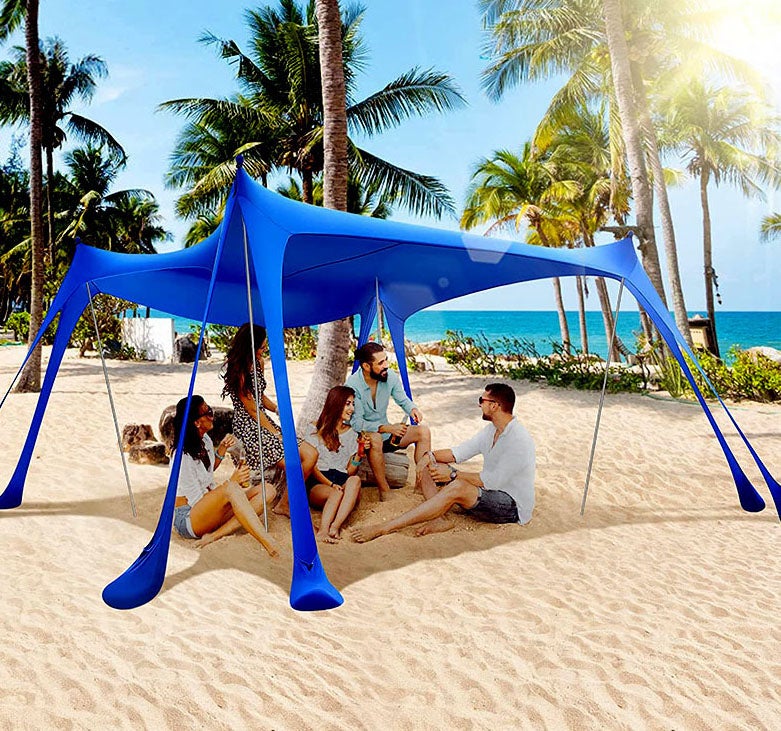 tenda-sole-spiaggia-581eiv-1.jpg Tenda da spiaggia 10 x 10 piedi, tenda da sole da campeggio UPF50+ con 8 sacchi di sabbia, pale per sabbia, picchetti e pali di stabilità, blu - immagine 1